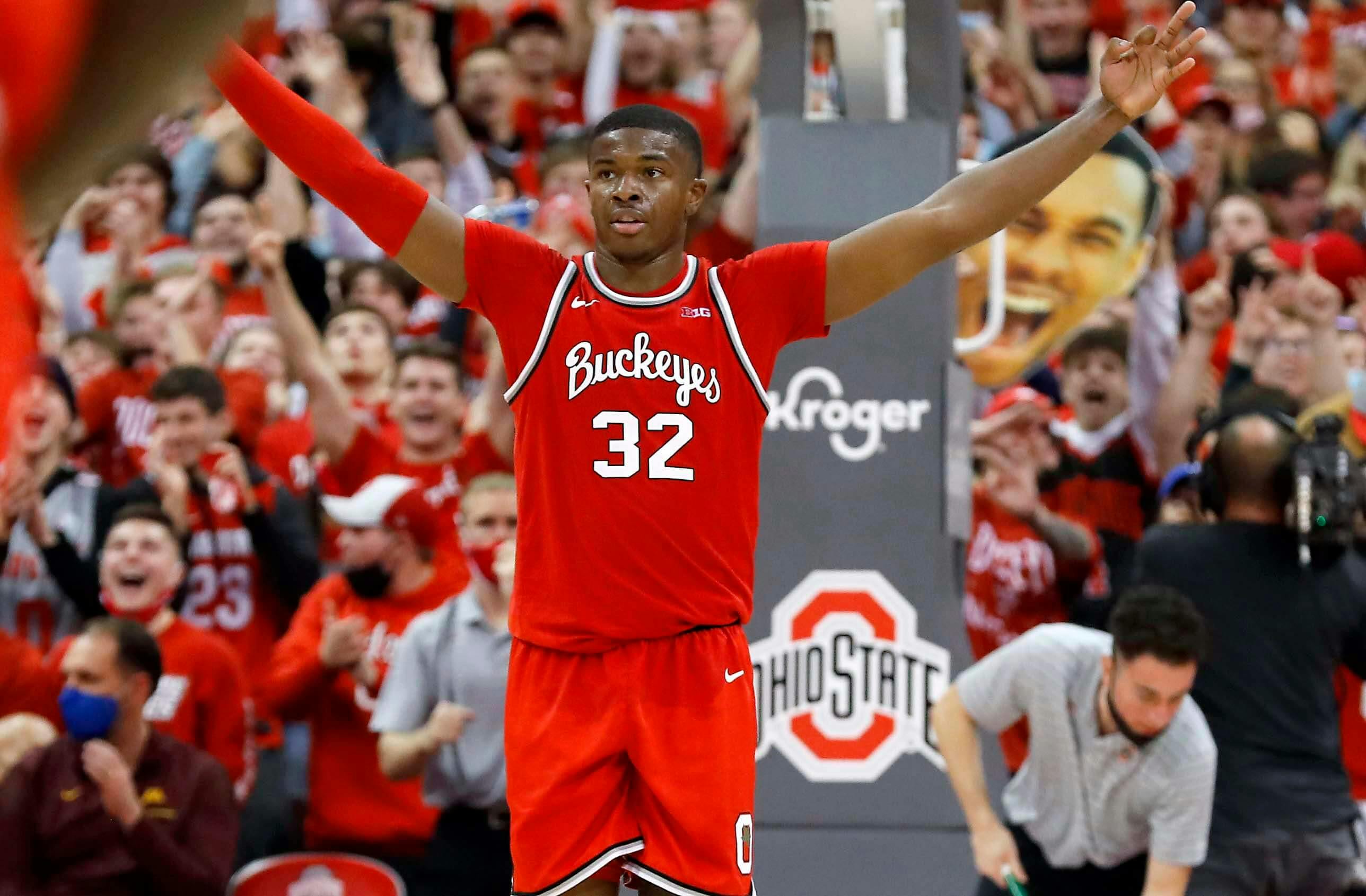 Ohio State Buckeyes forward E.J. Liddell (32) celebrates in the closing minutes of the win over the Duke Blue Devils at Value City Arena.