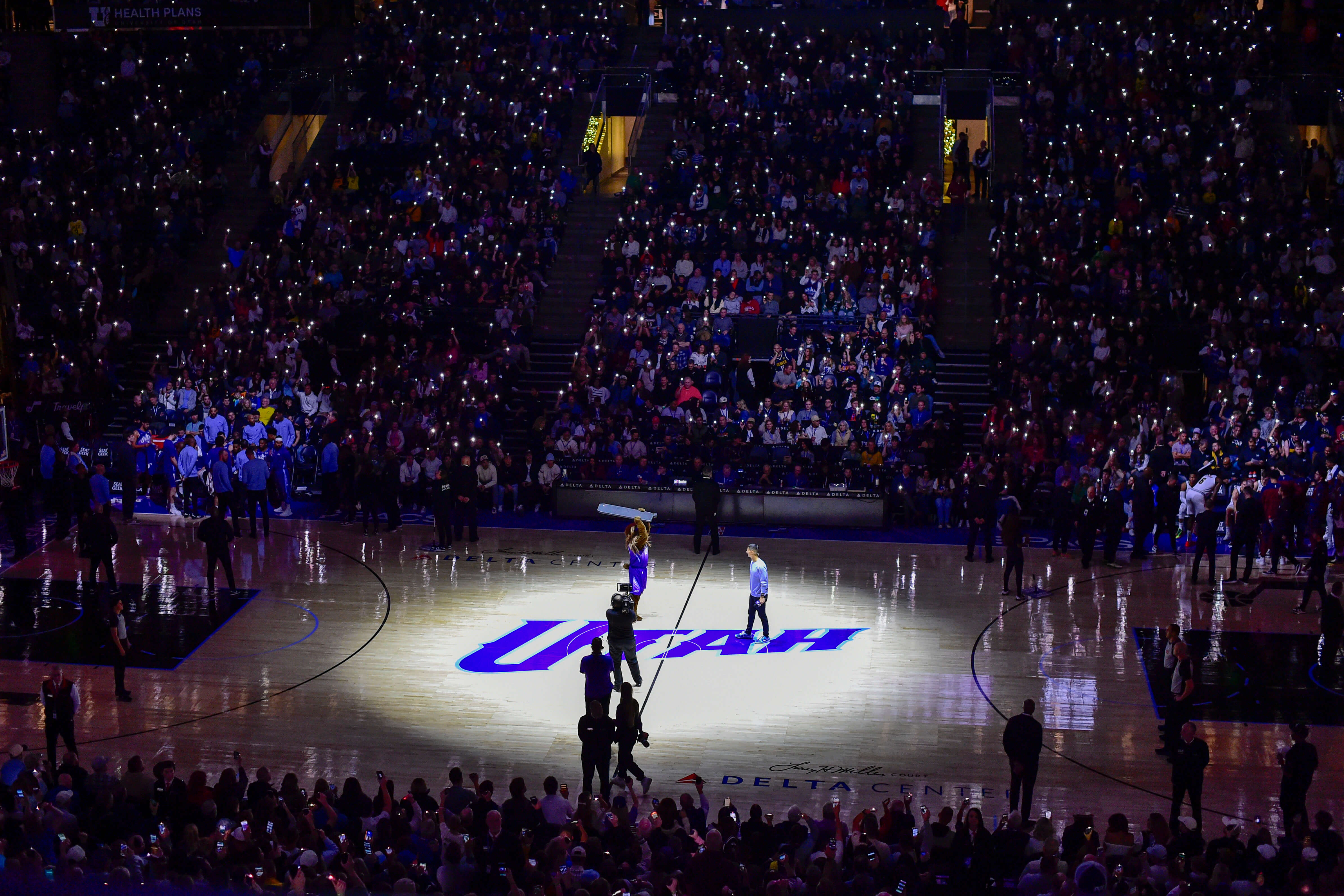 General view of the court during a timeout in the game between the Utah Jazz and the Denver Nuggets during the second half at the Delta Center. Christopher Creveling-Imagn Images