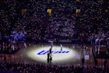 General view of the court during a timeout in the game between the Utah Jazz and the Denver Nuggets during the second half at the Delta Center. Christopher Creveling-Imagn Images