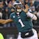 Philadelphia Eagles quarterback Jalen Hurts (1) throws a pass against the San Francisco 49ers during the third quarter in the NFC Championship game at Lincoln Financial Field.