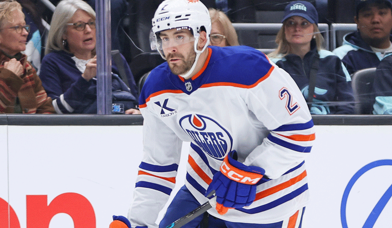 Edmonton Oilers defenseman Evan Bouchard (2) drives the puck inn the second period against Seattle Kraken at Climate Pledge Arena.