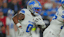 Detroit Lions running back Jahmyr Gibbs (0) rushes the ball against the Kansas City Chiefs during the first half at GEHA Field at Arrowhead Stadium