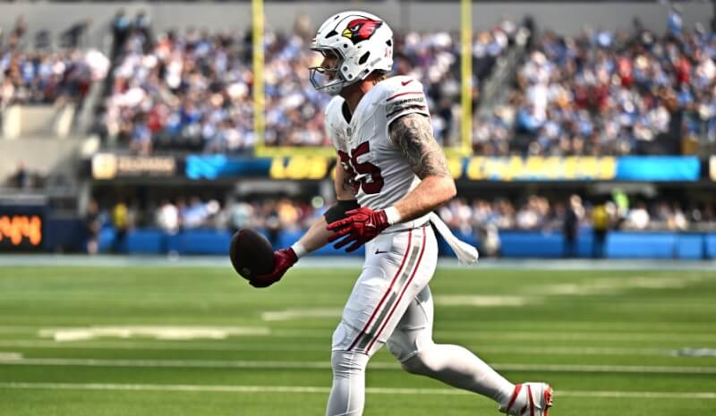 Arizona Cardinals tight end Trey McBride (85) reacts after a touchdown.