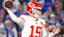Kansas City Chiefs quarterback Patrick Mahomes (15) throws the ball in the second half against the Buffalo Bills at Highmark Stadium.