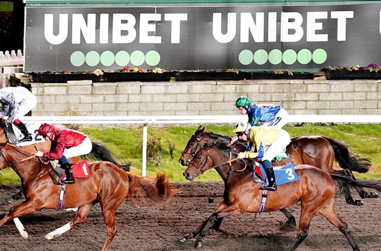 Horse racing with Unibet logos displayed in background