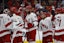 Carolina Hurricanes players celebrate after their series clinching win against the Washington Capitals in game five of the second round of the 2025 Stanley Cup Playoffs at Capital One Arena. Geoff Burke-Imagn Images