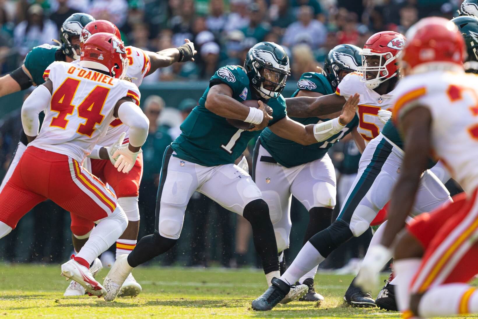 Philadelphia Eagles quarterback Jalen Hurts (1) runs with the ball against the Kansas City Chiefs during the fourth quarter at Lincoln Financial Field.