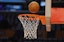 An NBA basketball bounces on the rim and into the hoop.