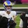 Feb 13, 2022; Inglewood, CA, USA; Los Angeles Rams quarterback Matthew Stafford (9) and Cincinnati Bengals quarterback Joe Burrow (9) watch the coin toss before Super Bowl LVI at SoFi Stadium.