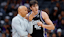Sacramento Kings head coach Doug Christie talks with center Maxime Raynaud (42) during the fourth quarter against the Denver Nuggets at Golden 1 Center.