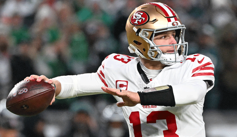 San Francisco 49ers quarterback Brock Purdy (13) passes the ball against the Philadelphia Eagles during the first quarter in an NFC Wild Card Round game at Lincoln Financial Field.