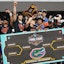 Florida Gators players celebrate with the trophy after defeating the Houston Cougars in the national championship game of the Final Four of the 2025 NCAA Tournament at the Alamodome. Robert Deutsch-Imagn Images