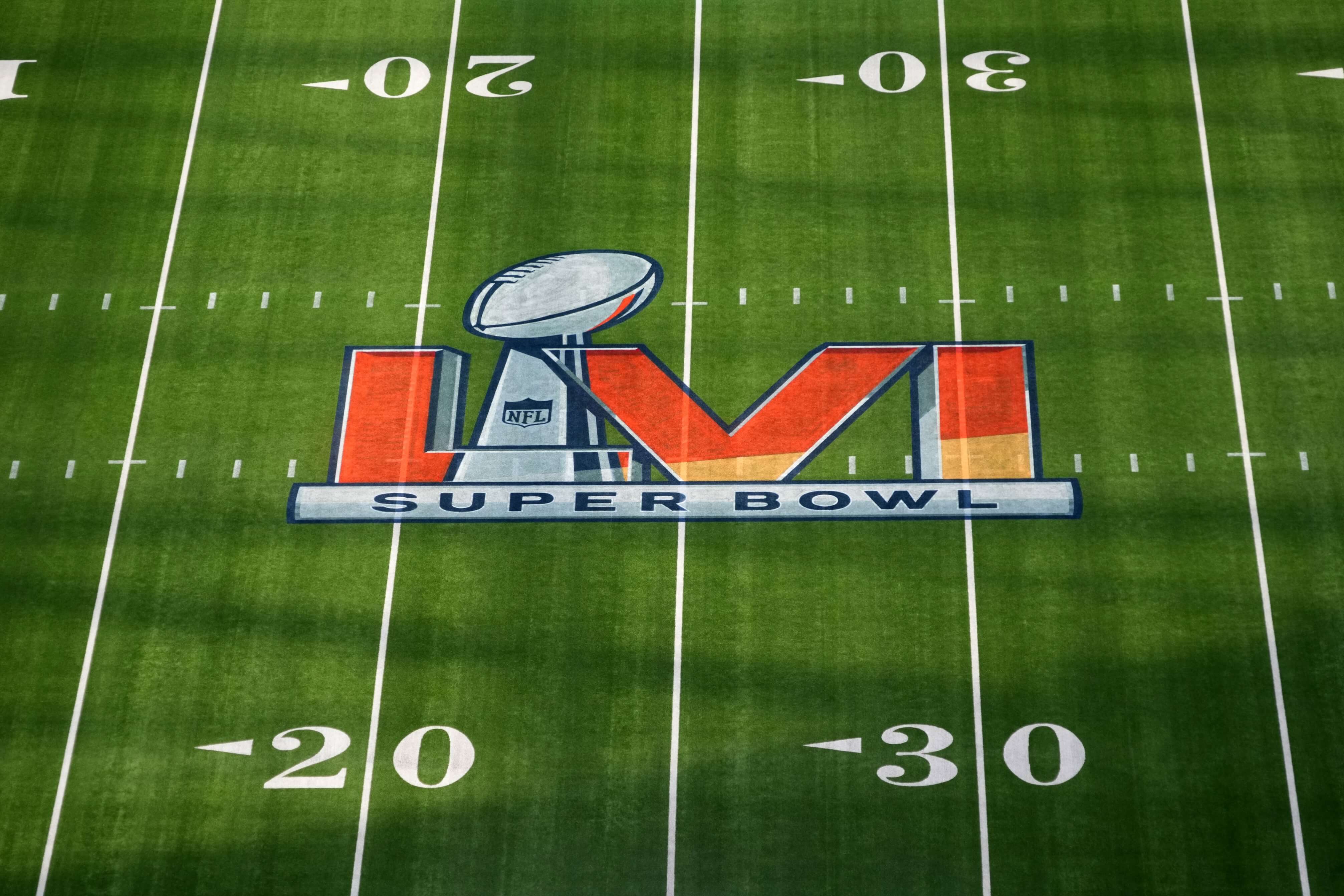 Feb 1, 2022; Inglewood, CA, USA; A detailed view of the Super Bowl LVI logo on the field at SoFi Stadium. Super Bowl 56 between the Los Angeles Rams and the Cincinnati Bengals will be played on Feb. 13, 2022.