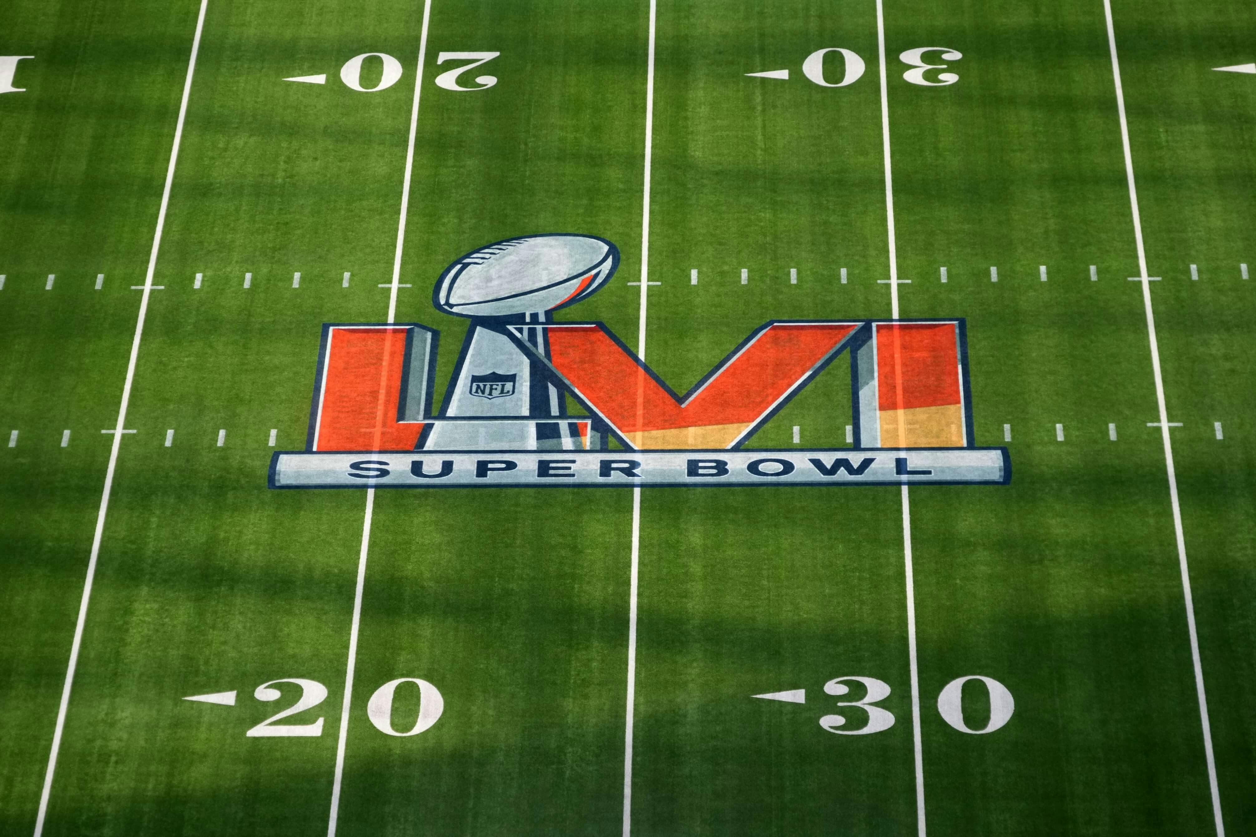 Feb 1, 2022; Inglewood, CA, USA; A detailed view of the Super Bowl LVI logo on the field at SoFi Stadium. Super Bowl 56 between the Los Angeles Rams and the Cincinnati Bengals will be played on Feb. 13, 2022.