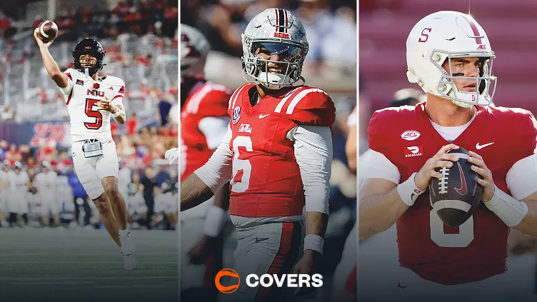 College football underdog predictions Week 8. Custom image of Taron Dickens of Northern Illinois, Trinidad Chambliss of Ole Miss, and Davis Warren of Stanford.