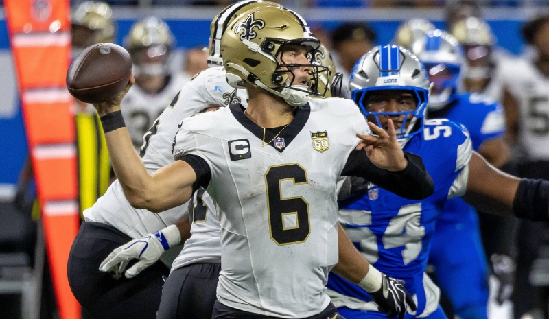 New Orleans Saints quarterback Tyler Shough (6) throws a pass.