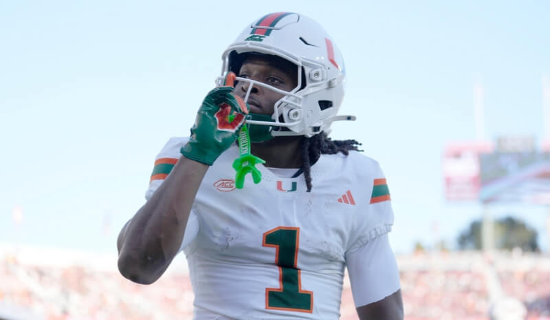 Miami Hurricanes wide receiver Malachi Toney (1) reacts.