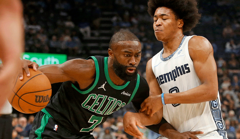 Jaylen Brown (7) dribbles as Memphis Grizzlies forward Jaylen Wells (0) defends during the first quarter at FedExForum.