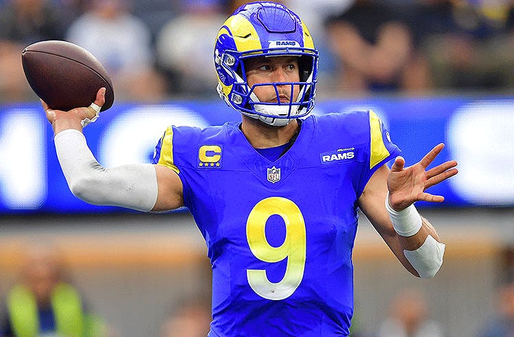 Los Angeles Rams quarterback Matthew Stafford prepares to pass in NFL action.