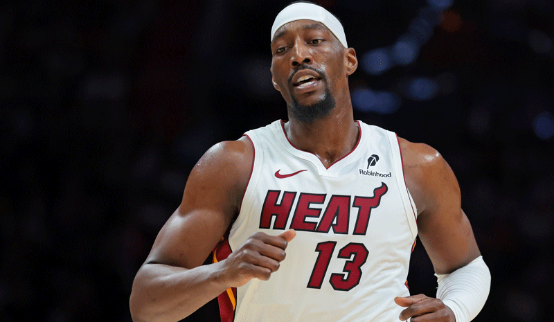 Miami Heat center Bam Adebayo (13) looks on against the Denver Nuggets during the second quarter at Kaseya Center. 