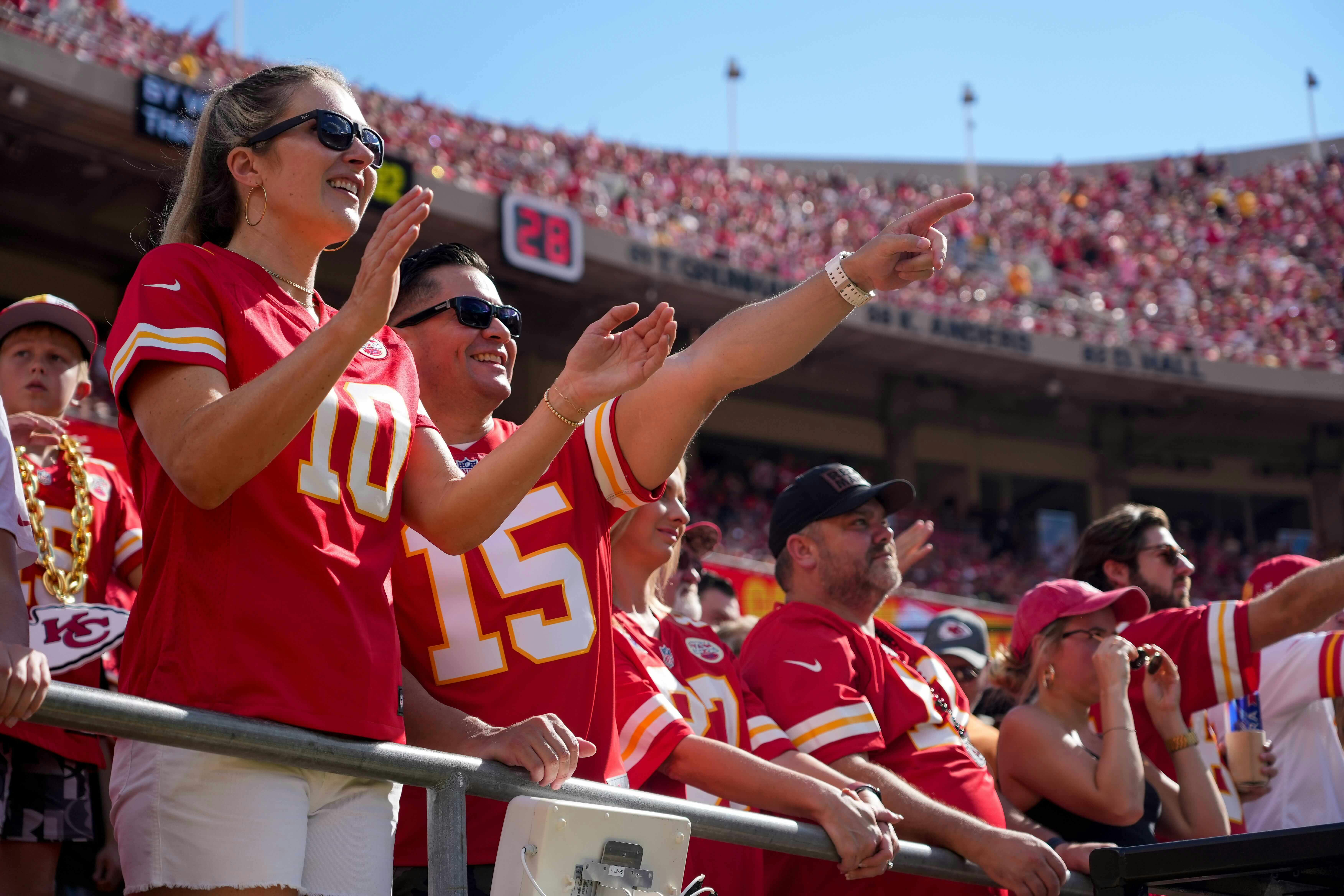 Kansas City Chiefs fans cheer in the first quarter of the NFL Week 2 game between the Kansas City Chiefs and the Cincinnati Bengals at Arrowhead Stadium in Kansas City on Sunday, Sept. 15, 2024. The Bengals led 16-10 at halftime.