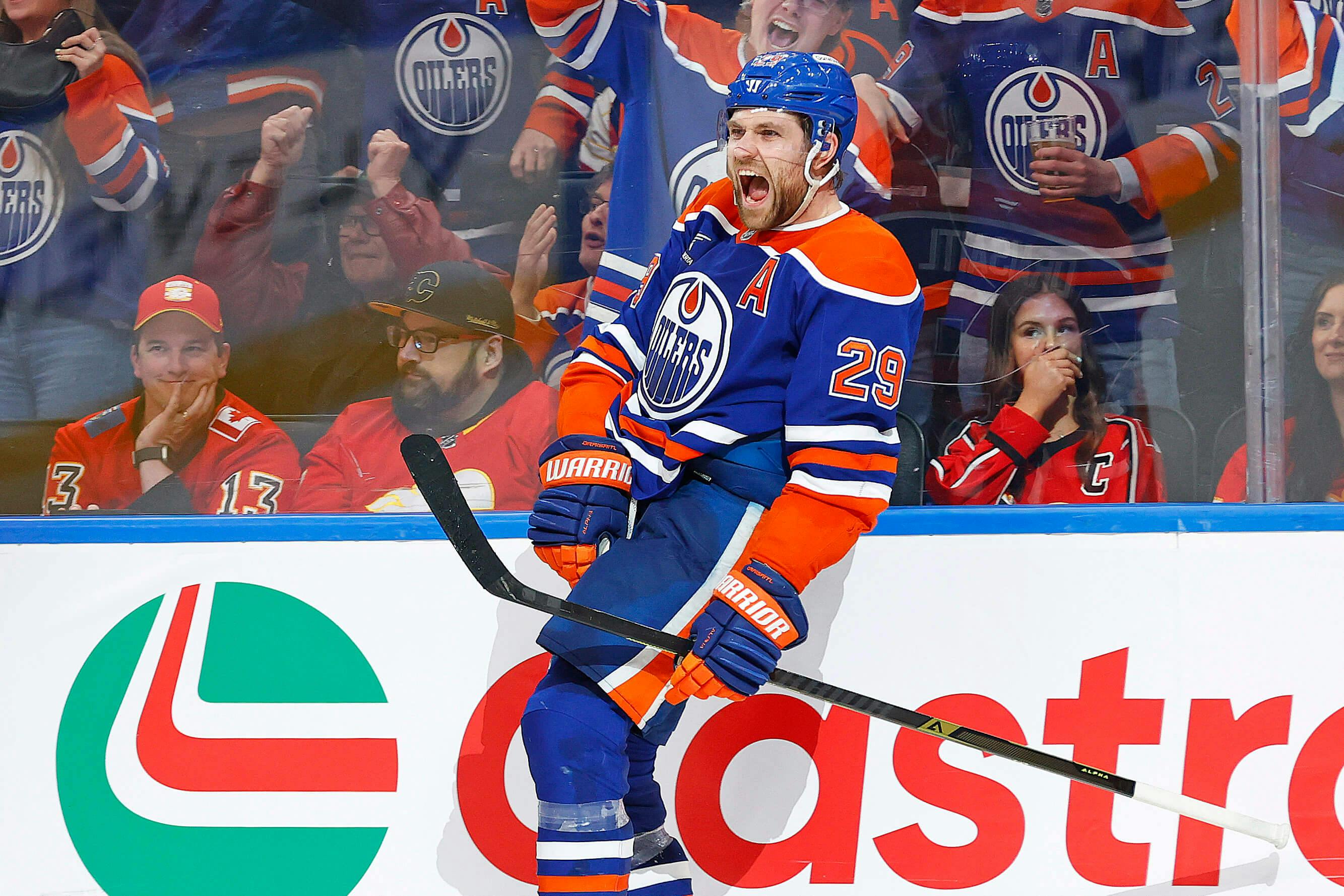 Edmonton Oilers forward Leon Draisaitl (29) celebrates after scoring his 50th goal of the season during the third period against the Calgary Flames at Rogers Place. Mandatory Credit: Perry Nelson-Imagn Images