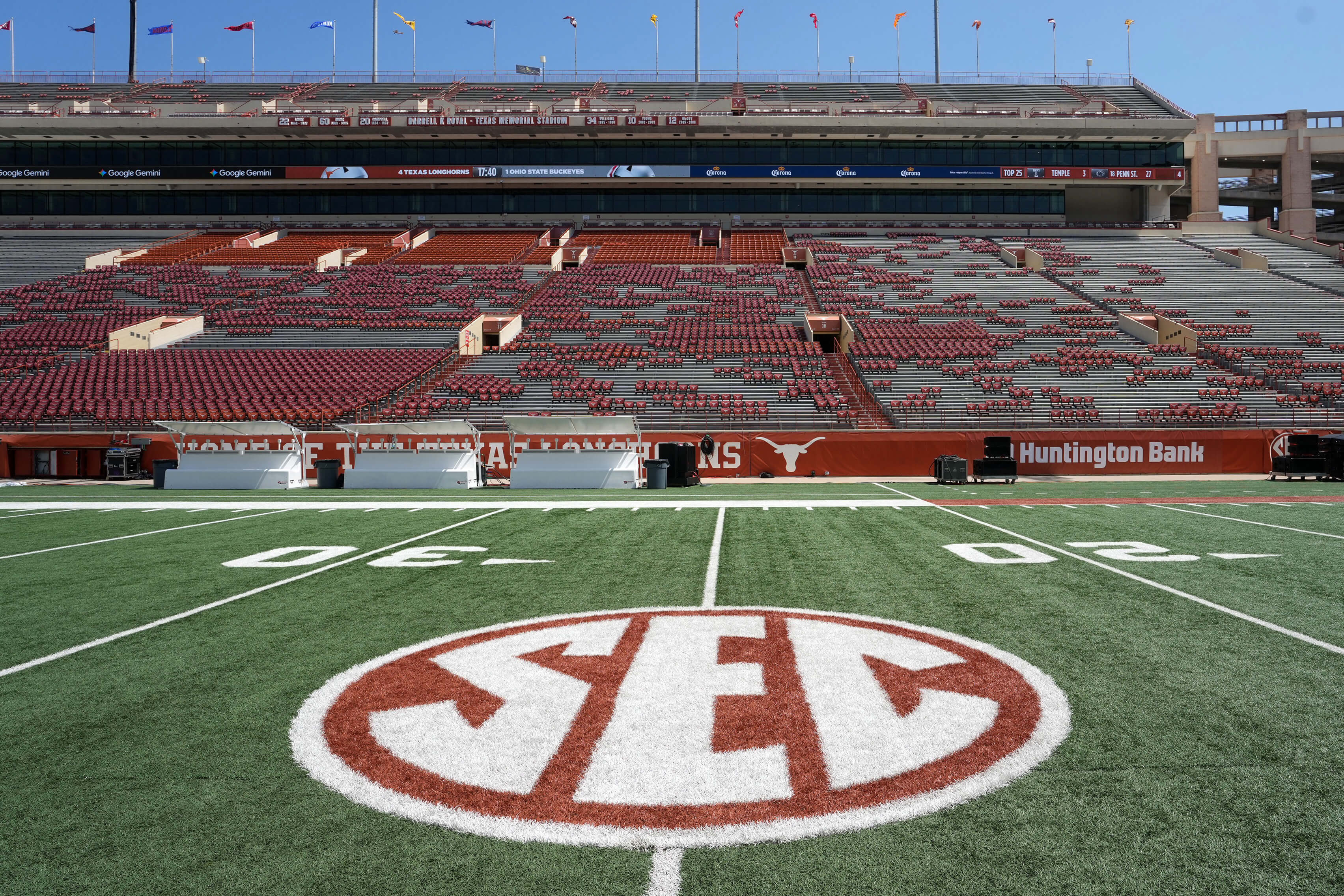 Ohio State vs Texas weather report, General view of the on field logo before the game between Ohio State Buckeyes and Texas Longhorns at Darrell K Royal-Texas Memorial Stadium.