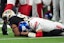 New York Giants quarterback Jaxson Dart (6) reacts after fumbling the ball against the New Orleans Saints during the third quarter at Caesars Superdome. Matthew Hinton-Imagn Images