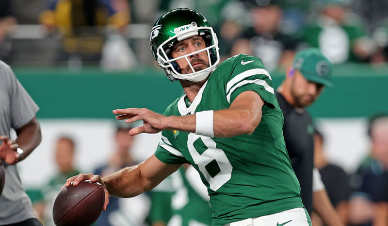 New York Jets quarterback Aaron Rodgers in NFL action.