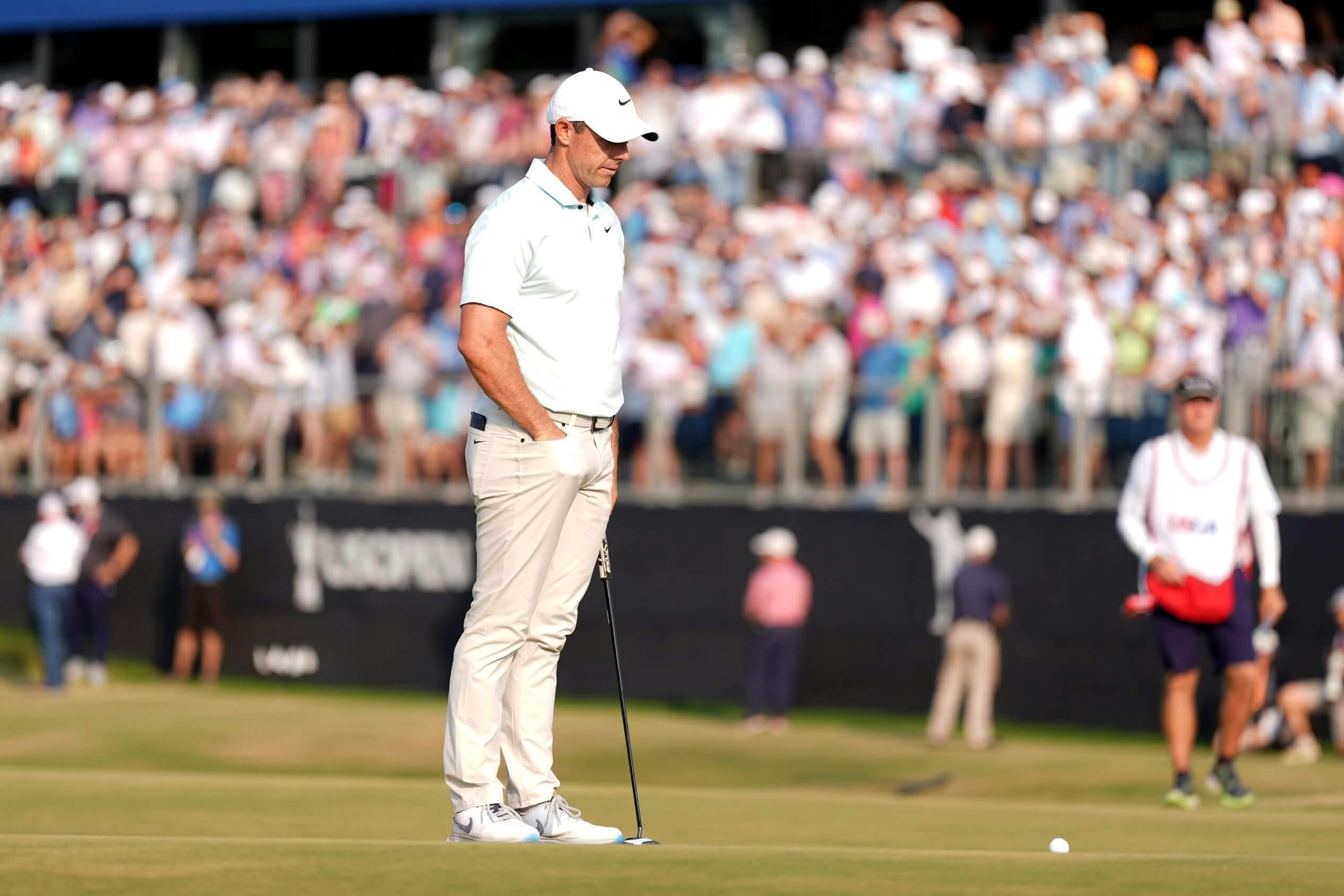 Rory McIlroy look on the eighteenth green during the final round of the U.S. Open golf tournament. 