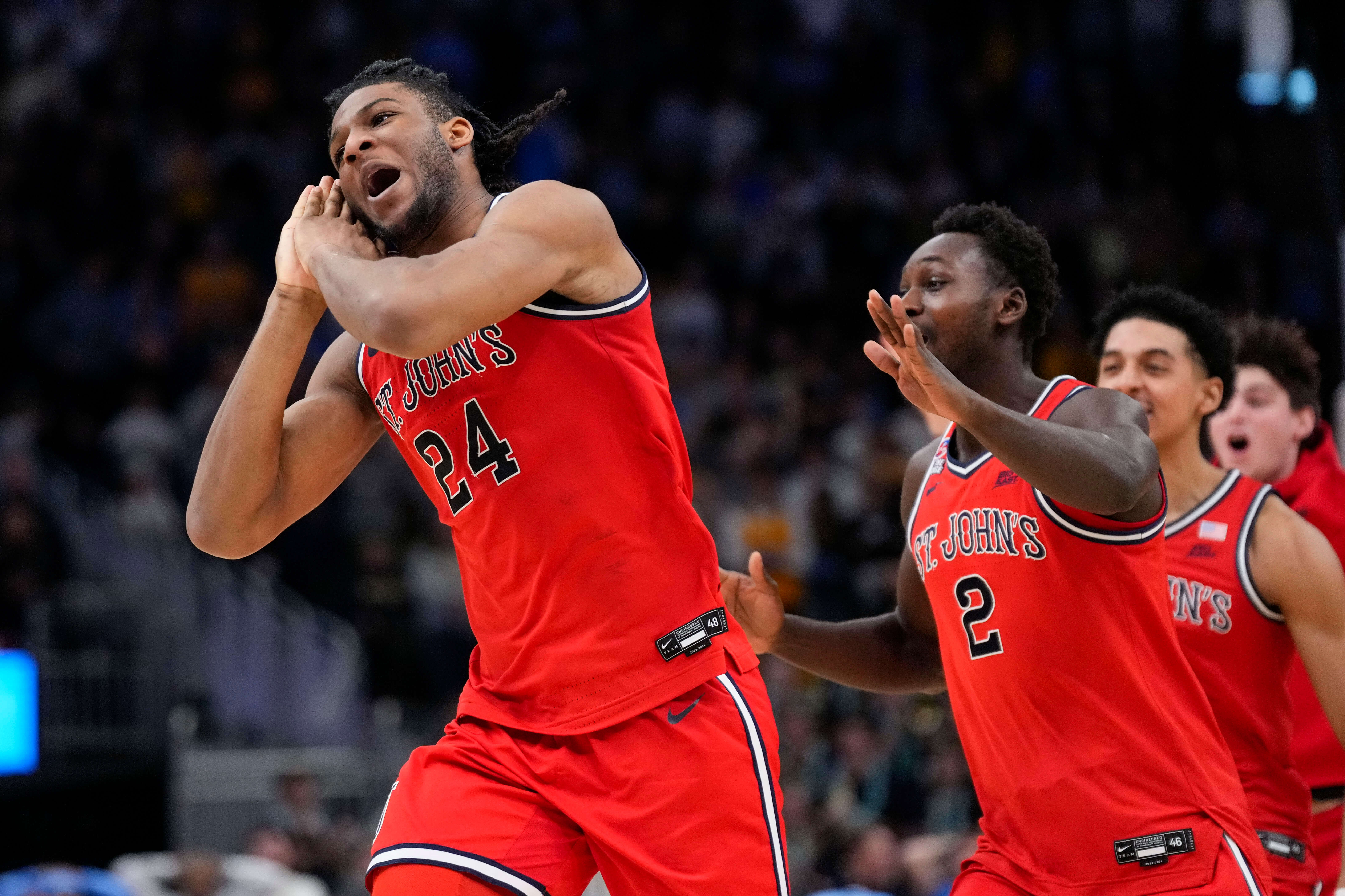 St. John's Red Storm forward Zuby Ejiofor (24) celebrates after making the game winning shot in overtime against the Marquette Golden Eagles at Fiserv Forum. Mandatory Credit: Jeff Hanisch-Imagn Images