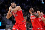 St. John's Red Storm forward Zuby Ejiofor (24) celebrates after making the game winning shot in overtime against the Marquette Golden Eagles at Fiserv Forum. Mandatory Credit: Jeff Hanisch-Imagn Images