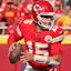 Kansas City Chiefs quarterback Patrick Mahomes (15) drops back to pass during the first quarter against the Baltimore Ravens at GEHA Field at Arrowhead Stadium.