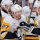 Pittsburgh Penguins center Sidney Crosby (87) celebrates with defenseman Erik Karlsson (65) after scoring against the Florida Panthers during the third period at Amerant Bank Arena.