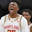 Maryland Terrapins center Derik Queen (25) celebrates after a play during the second half against the Michigan Wolverines at Gainbridge Fieldhouse. Robert Goddin-Imagn Images