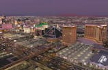 A general overall aerial view of the Luxor, Mandalay Bay, Excalibur and New York-New York and MGM Grand on the Las Vegas strip. Kirby Lee-Imagn Images