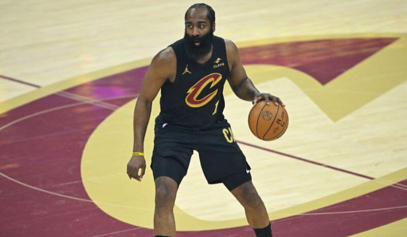 Cleveland Cavaliers guard James Harden (1) brings the ball up court.
