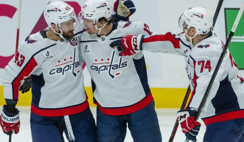 Washington Capitals right wing Tom Wilson 43) celebrates a goal scored by center Dylan Strome (17) as defenseman John Carlson (74).