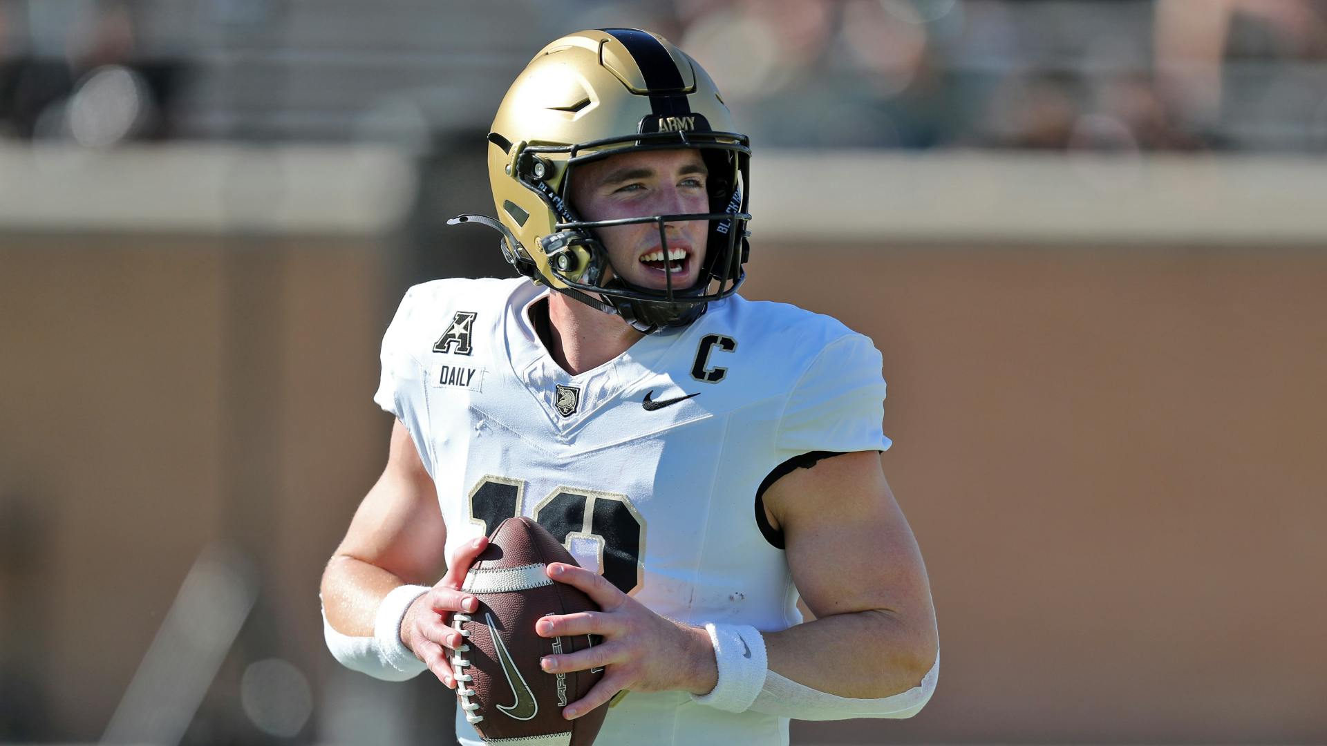 Army Black Knights quarterback Bryson Daily (13) throws a pass during warmups before a game against the North Texas Mean Green.