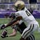 Purdue Boilermakers defensive back Hudauri Hines (4) is called for pass interference against Northwestern Wildcats wide receiver Griffin Wilde (17).
