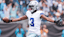 Dallas Cowboys wide receiver George Pickens (3) celebrates a touchdown during the second half against the Carolina Panthers at Bank of America Stadium.