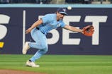 Toronto Blue Jays second baseman Davis Schneider (36) can't reach a ball hit by Oakland Athletics shortstop Jacob Wilson (not pictured) during the first inning at Rogers Centre. John E. Sokolowski-Imagn Images