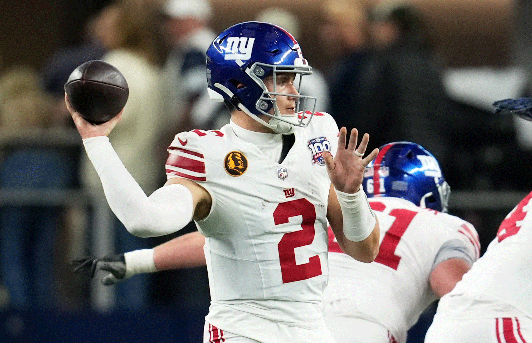 New York Giants quarterback Drew Lock (2) throws a pass against the Dallas Cowboys during the first half at AT&T Stadium. Mandatory Credit: Chris Jones-Imagn Images