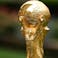 A detail view of The FIFA World Cup Trophy sits on a stand outside of 30 Rockefeller Plaza.