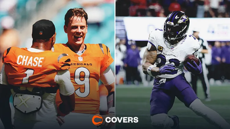 Bengals vs Ravens prediction. Custom image of Ja'Marr Chase, Joe Burrow, and Derrick Henry.