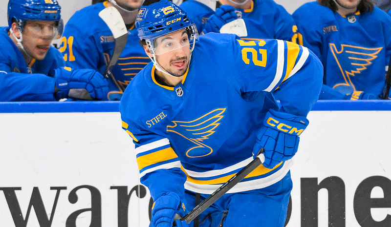 Jordan Kyrou (25) controls the puck against the Vegas Golden Knights during the second period at Enterprise Center.