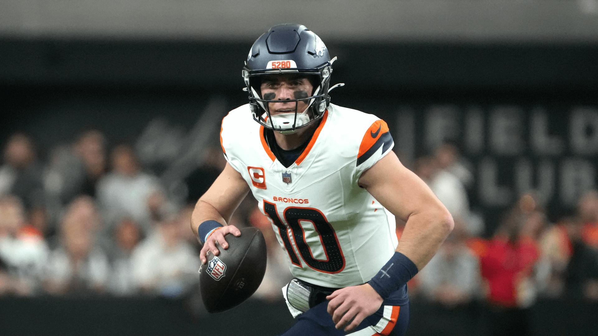 Denver Broncos quarterback Bo Nix (10) looks to throw the ball against the Las Vegas Raiders.