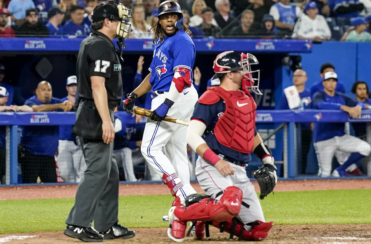 Toronto Blue Jays first baseman Vladimir Guerrero Jr. (27) reacts after striking out during the ninth inning against the Boston Red Sox at Rogers Centre.