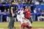 Toronto Blue Jays first baseman Vladimir Guerrero Jr. (27) reacts after striking out during the ninth inning against the Boston Red Sox at Rogers Centre.