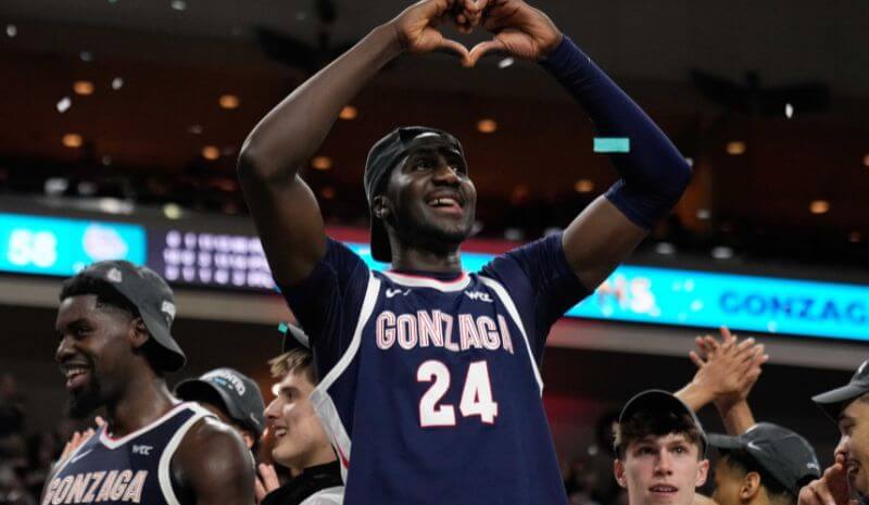 Gonzaga Bulldogs center Ismaila Diagne (24) celebrates after defeating the St. Mary's Gaels.